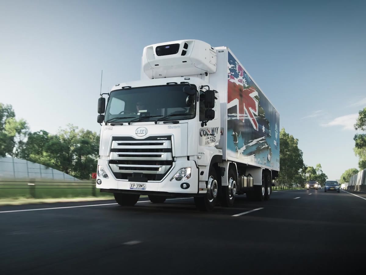 A Coolway Trans refrigerated truck on the road, filmed for the Pepe Saya customer case study