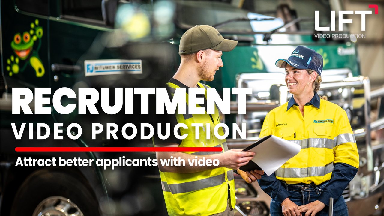 One of the Lift crew talking with a worker in hi-vis in front of a truck in a workshop, with the words Recruitment video production, attract better applicants with video