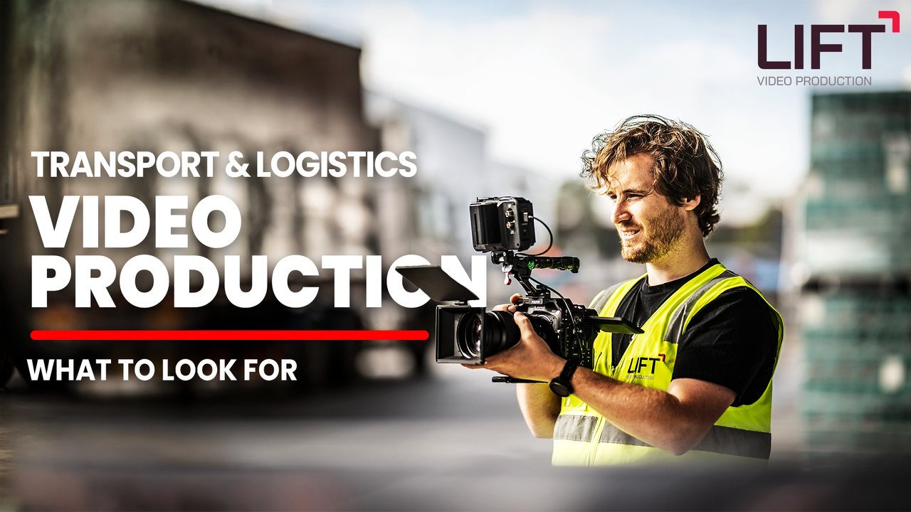 A Lift camera operator in a hi-vis vest filming in a container yard, with the words Transport and logistics video production, what to look for