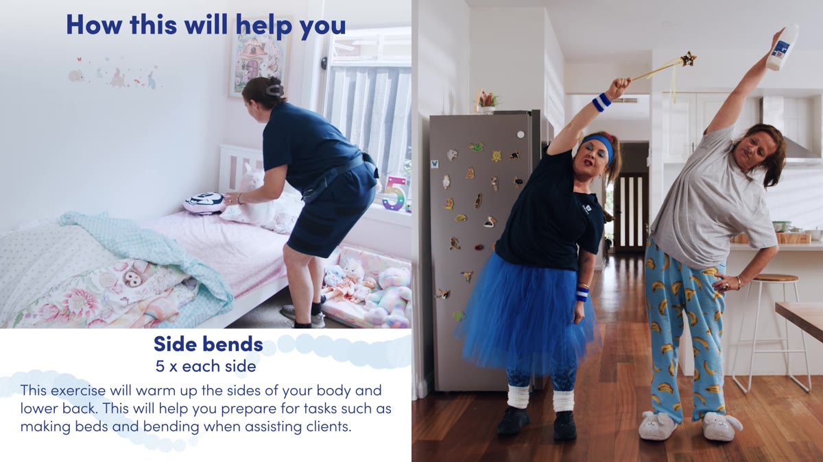 Two women doing side bends in a kitchen beside an instruction card that reads Side bends, five each side, from the Warm Up For Work series made for Calvary